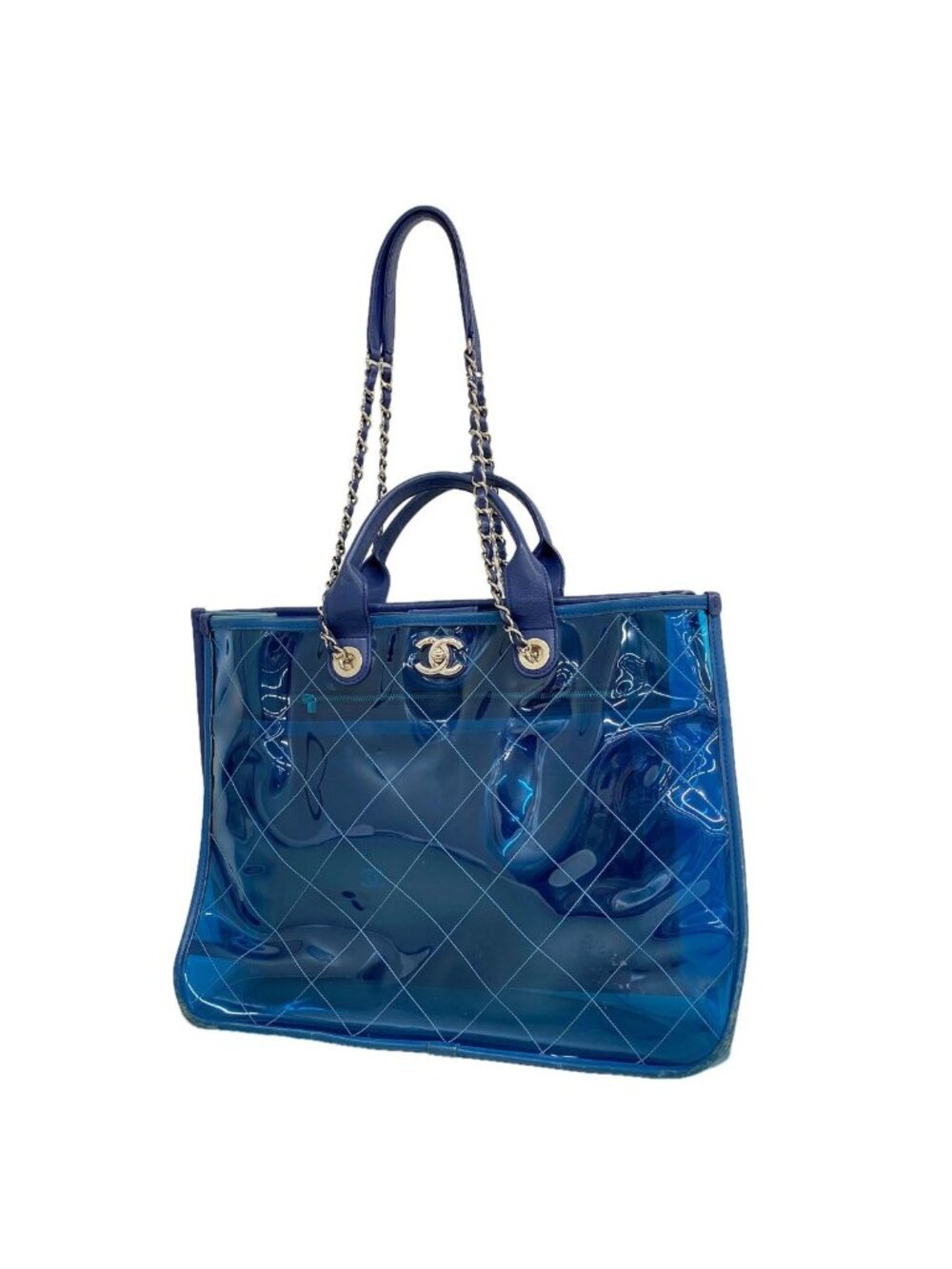 Chanel Chain Tote Bag Coco Splash Vinyl Blue Silver 2-Way